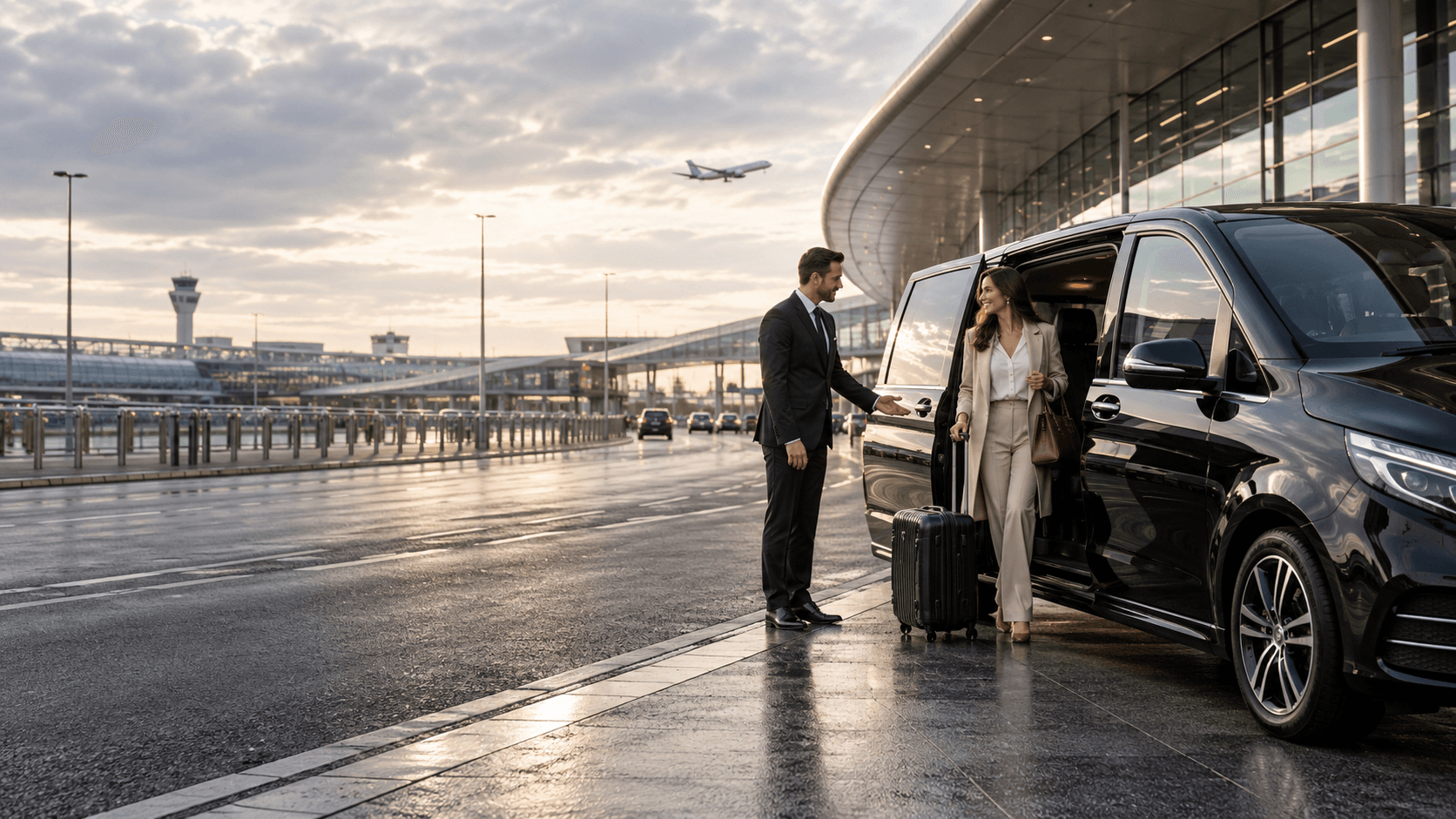 Chauffeur welcoming a traveller beside an executive vehicle at Dublin Airport