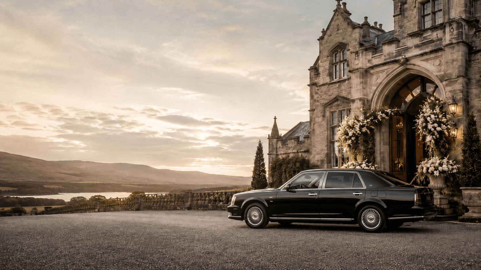 Luxury wedding chauffeur arrival in Ireland