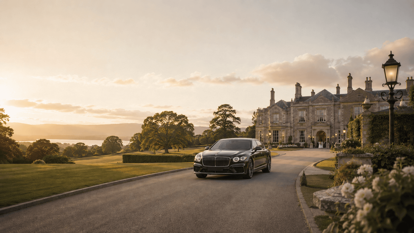 Luxury wedding chauffeur car outside an Irish country estate at golden hour